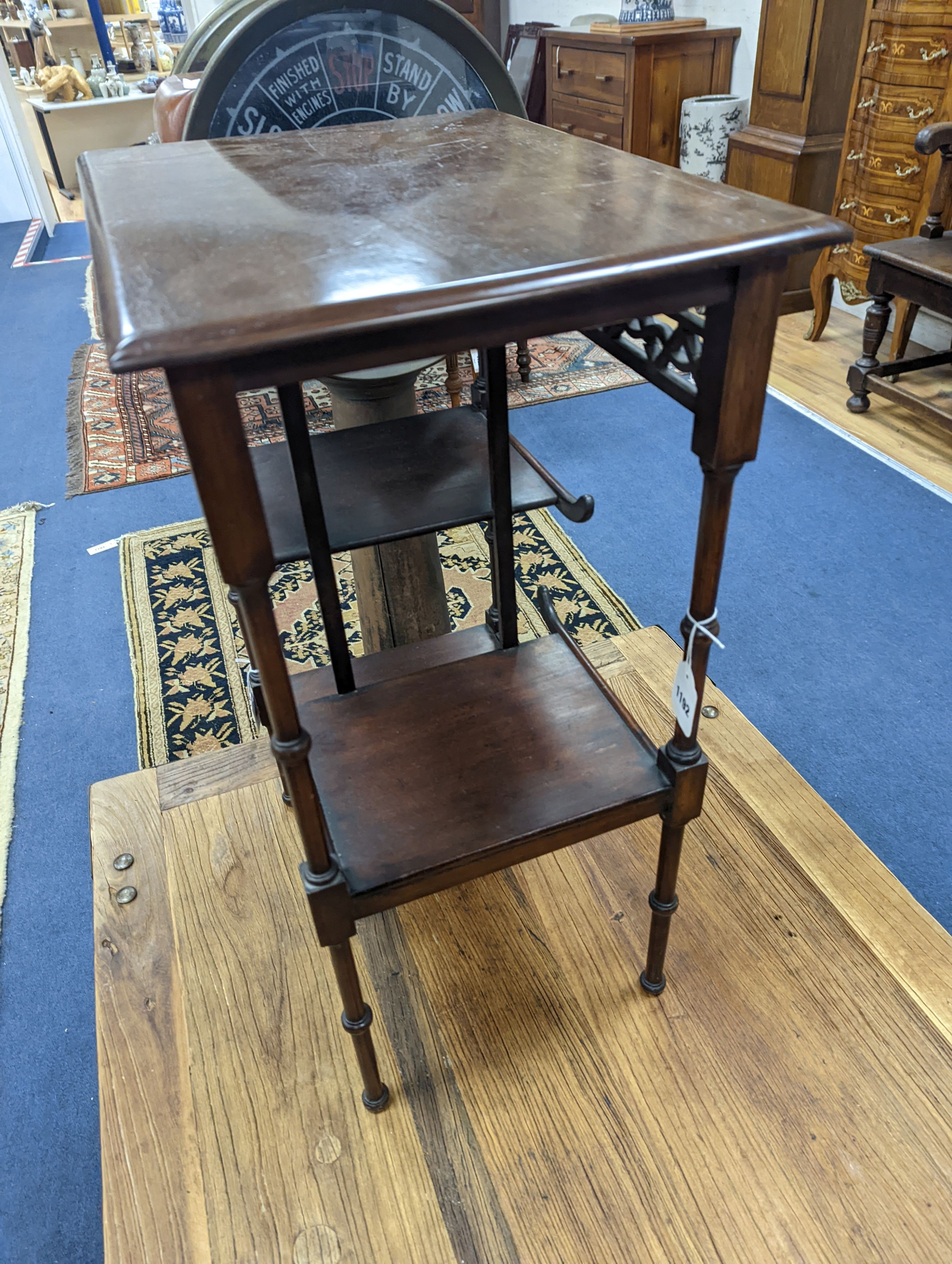 A Victorian aesthetic movement chinoiserie occasional table, in the manner of EW Godwin, width 46.5cm, depth 34.5cm, height 68.5cm